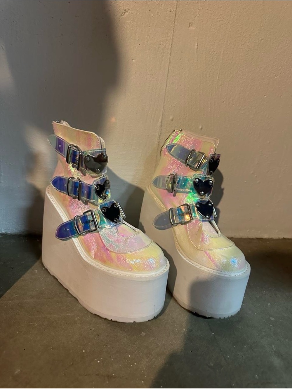 Demonia Iridescent Platform Boots in White & Pink Like New